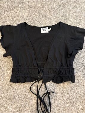 Princess Polly Black Cropped Tie-Front Ruffle Top